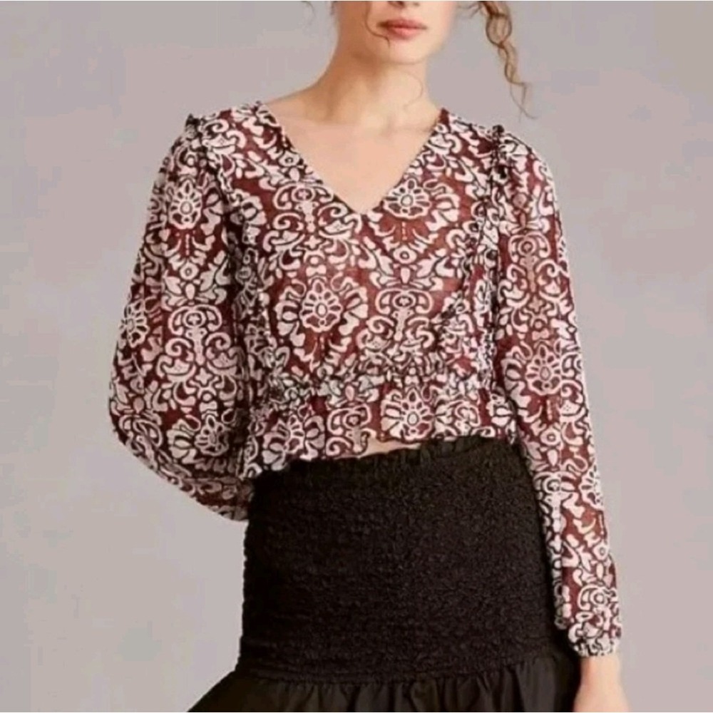 Anthropologie Top Women's M Jacquard Peasant Blouse NWT Wine Boho Cropped Office